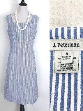 Vintage J. Peterman Blue & White Preppy Spectator Stripe Cotton Dress Sz 8 - 6